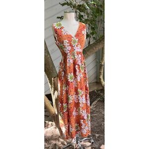 Vintage 1960s Cheerful Cotton Floral USA  Print Maxi Dress Retro Women's S